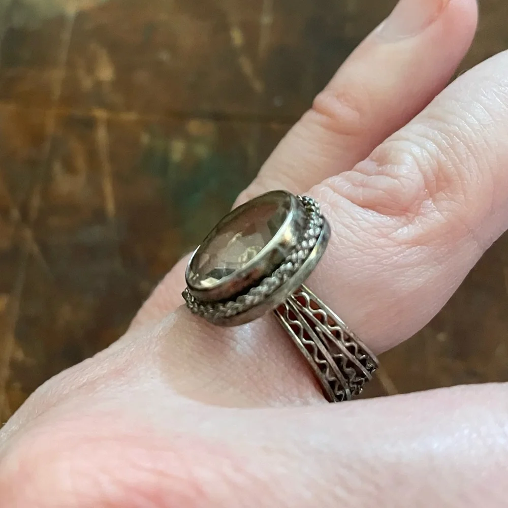 Vintage deco ring silver mesh with smoky quartz stone
